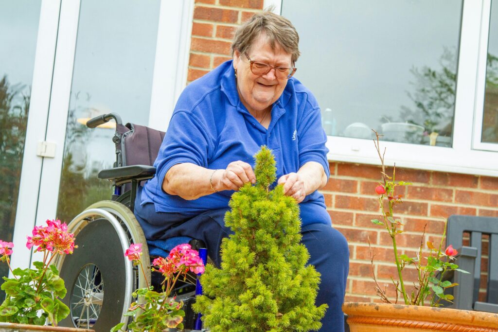 Senior woman in a wheelchair enjoys gardening in her backyard, tending to plants and flowers.